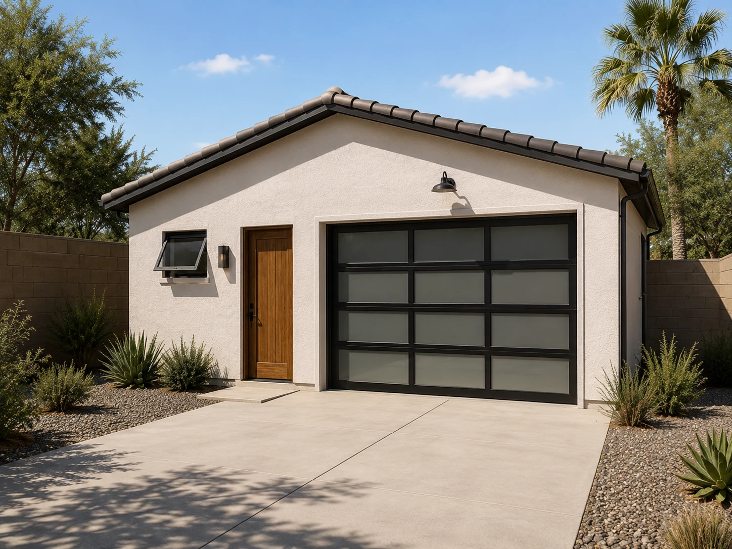 Detached garage exterior — daytime front view