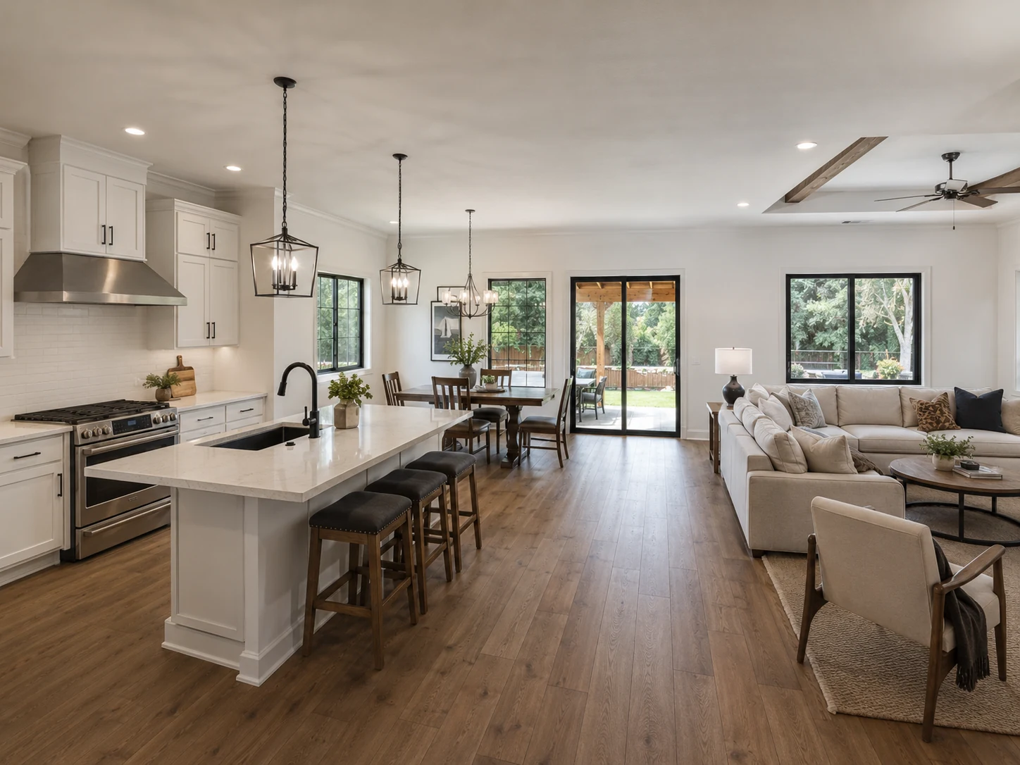 Kitchen, living, and dining — open plan