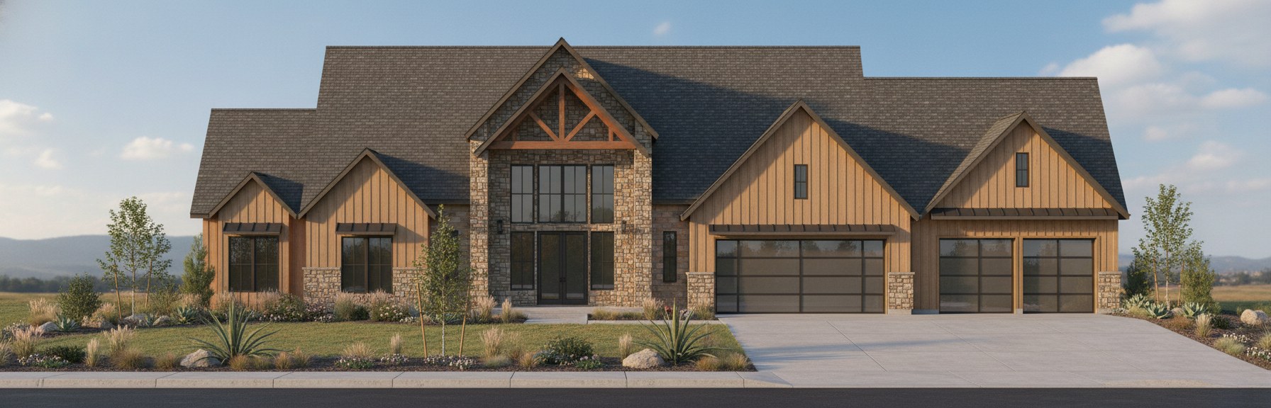Front exterior rendering — three-quarter view