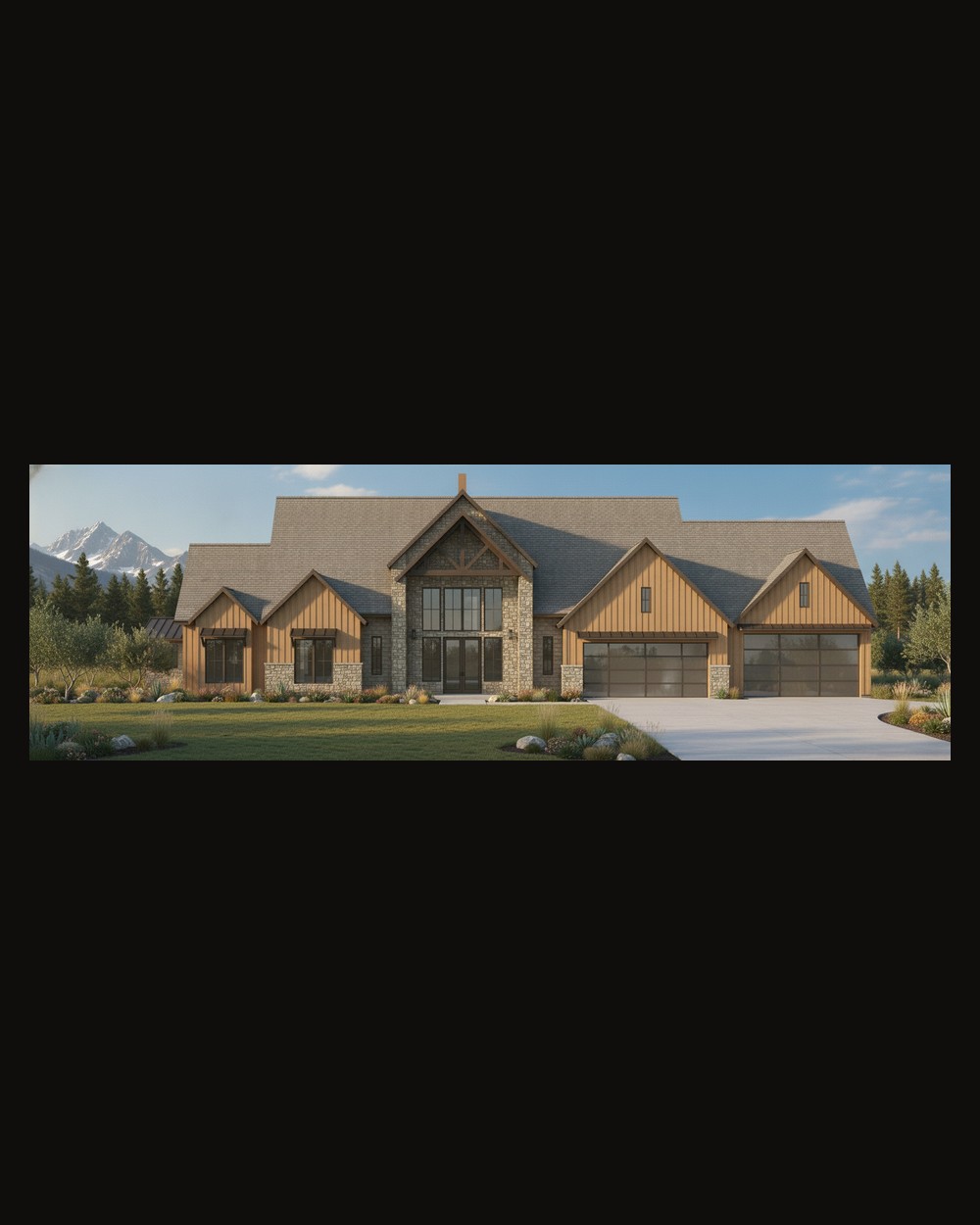Mountain-modern custom home — exterior rendering from the front elevation