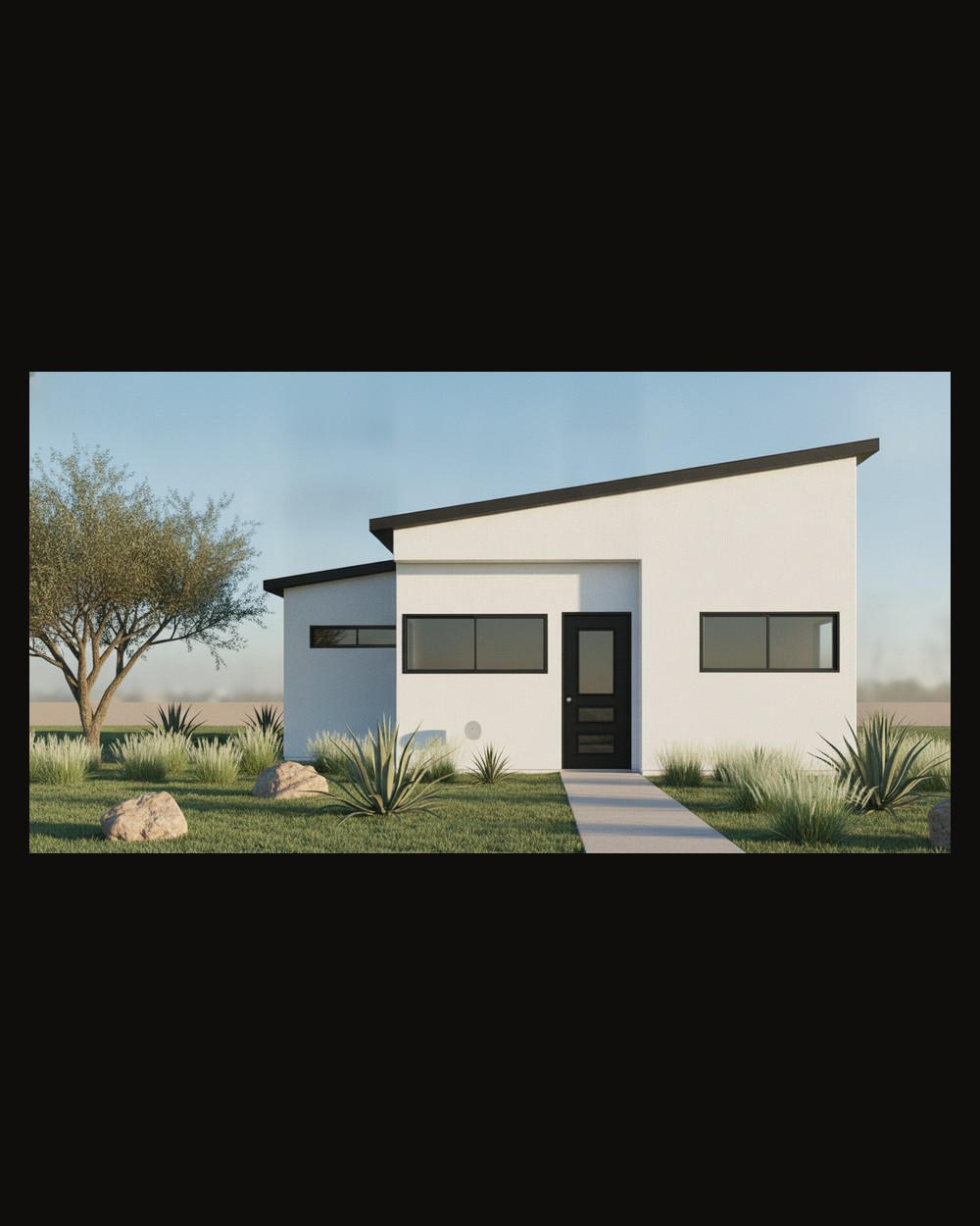Single-story modern shed-roof casita — exterior rendering