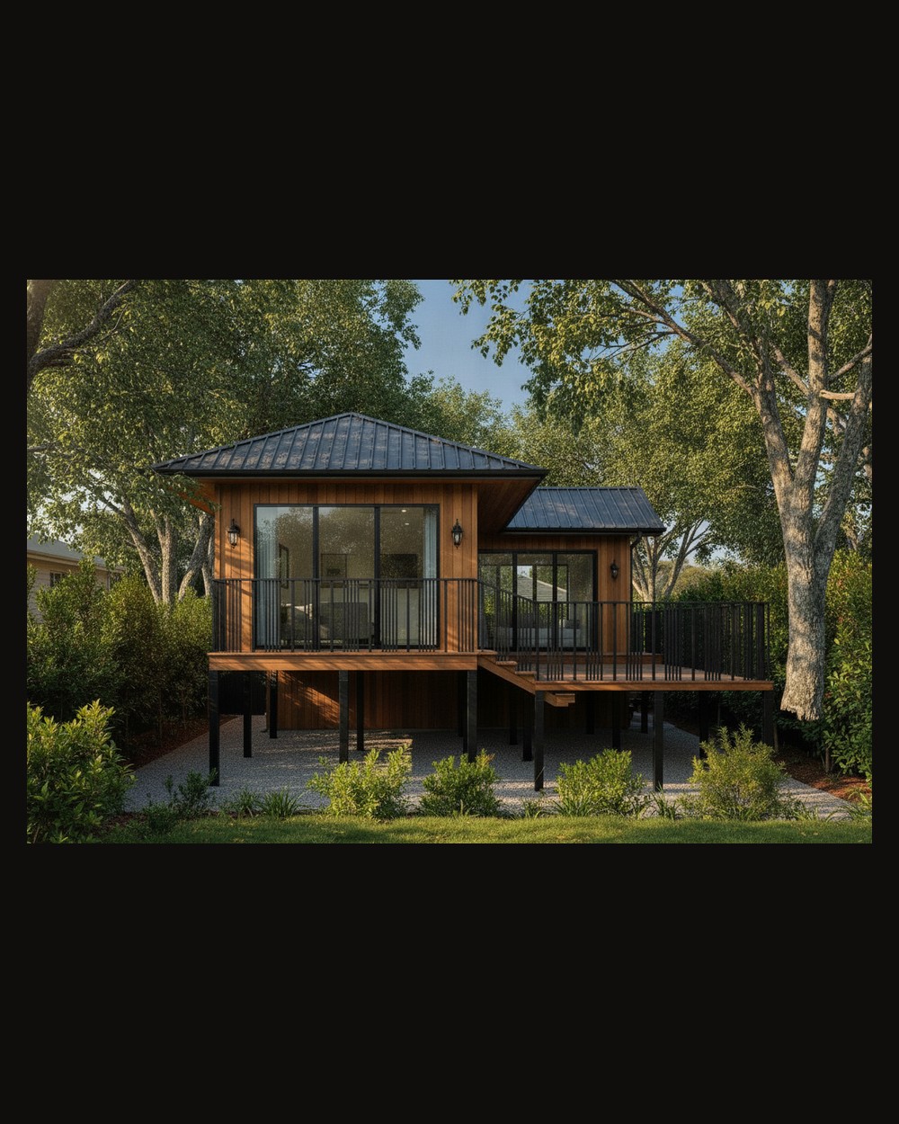 Elevated modern ADU on posts — exterior rendering