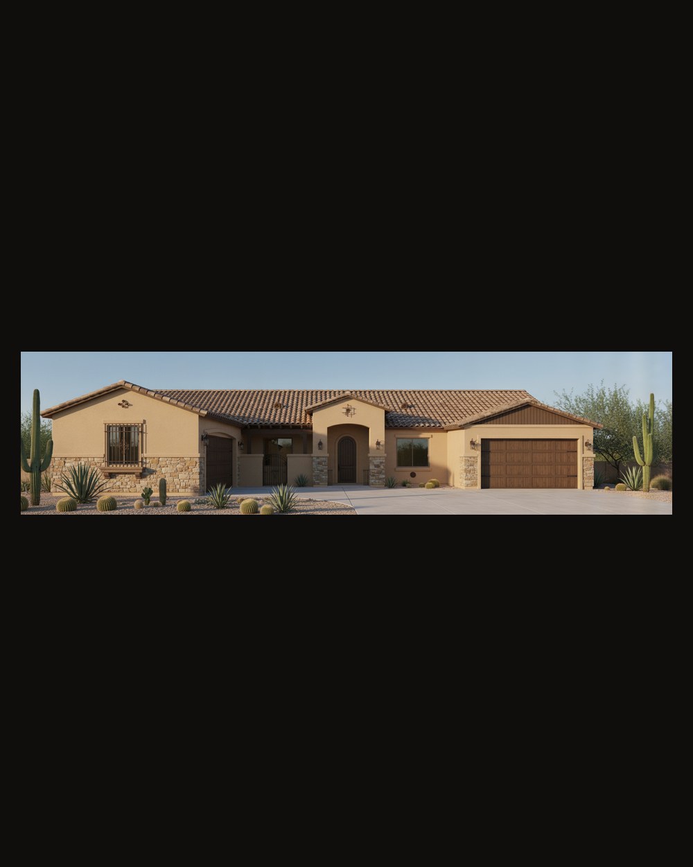 Single-story Spanish/Mediterranean new-build home — exterior rendering